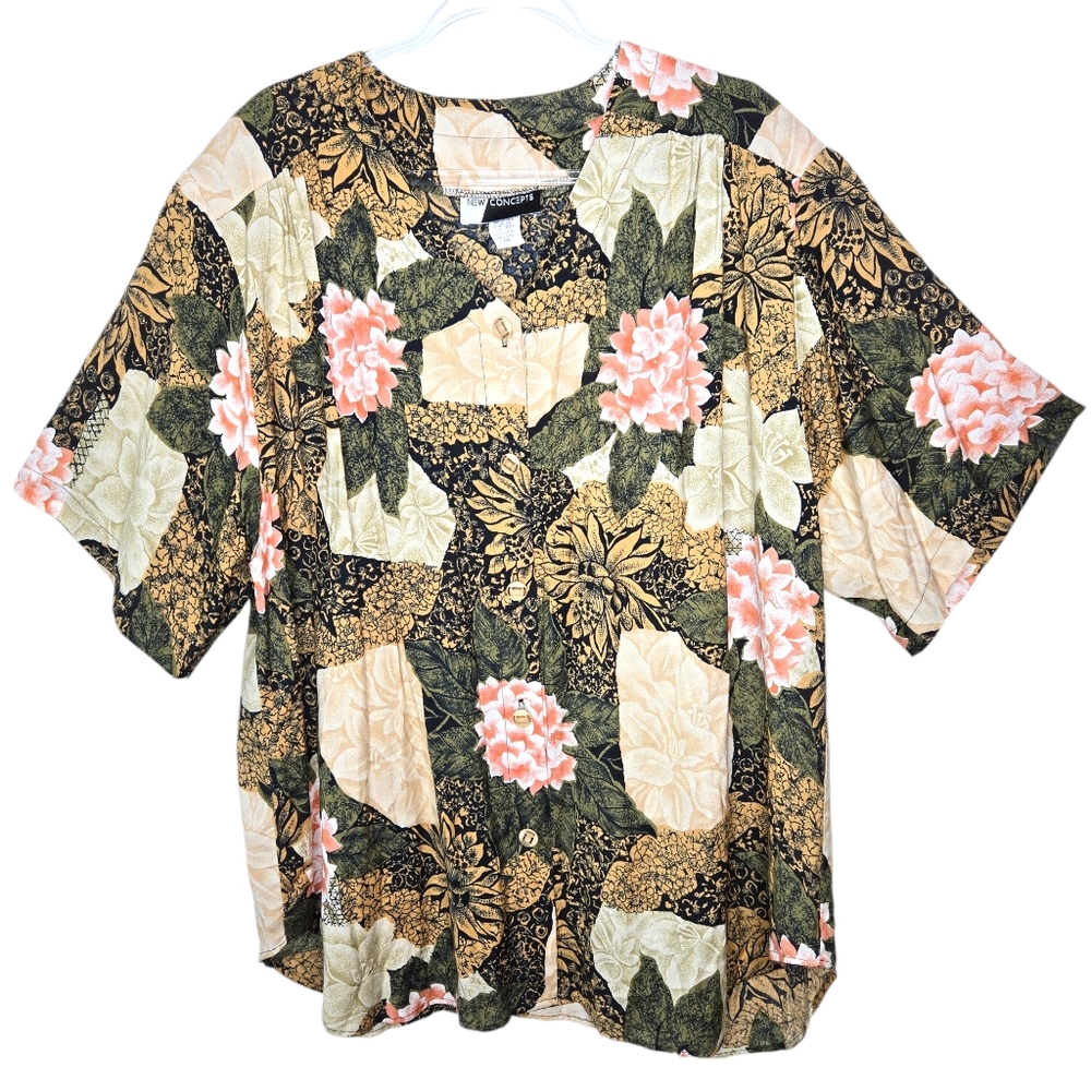 Vintage New Concepts Blouse Size 22W Green Pink 80s Cottagecore USA Grannycore